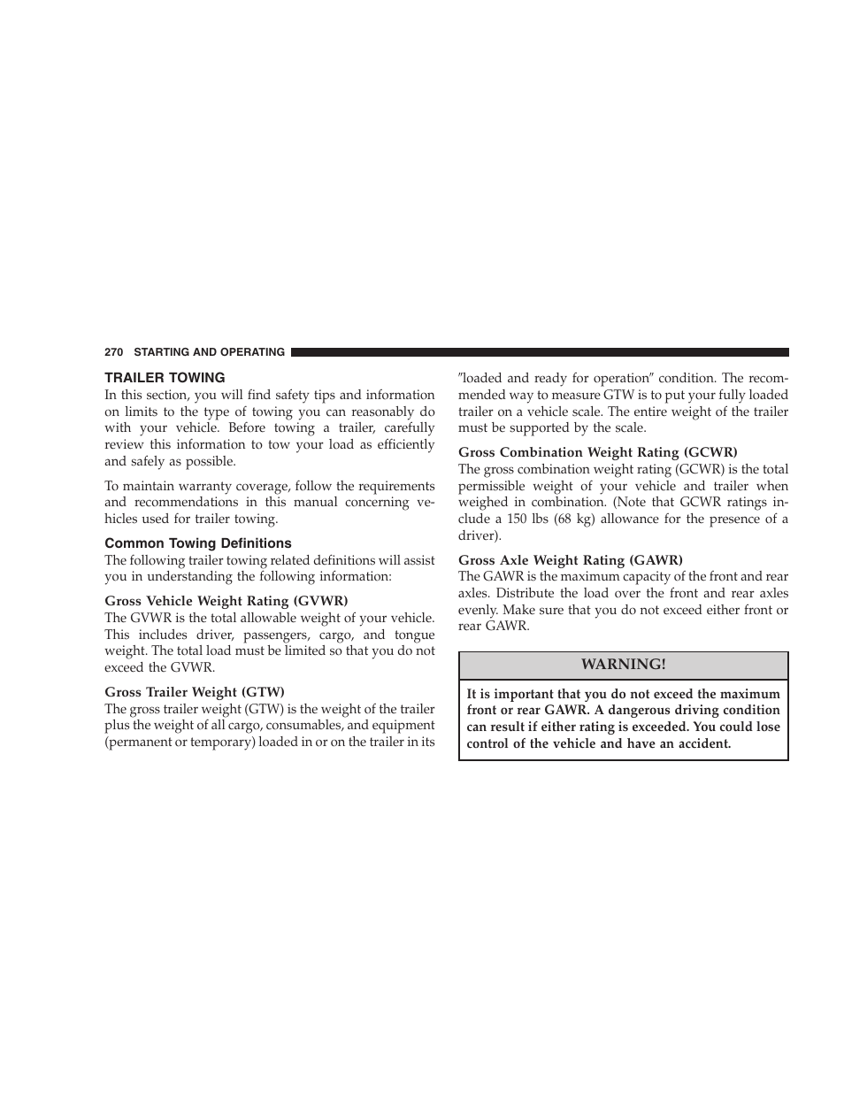 Trailer towing, Common towing definitions | Dodge 2007 Magnum User Manual | Page 270 / 400