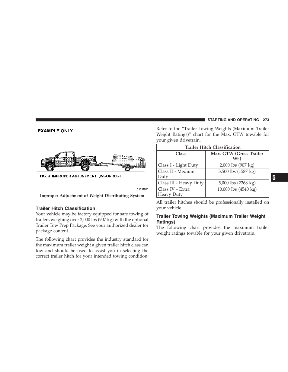 Trailer hitch classification, Trailer towing weights (maximum trailer weight, Ratings) | Dodge 2007 Magnum User Manual | Page 273 / 400