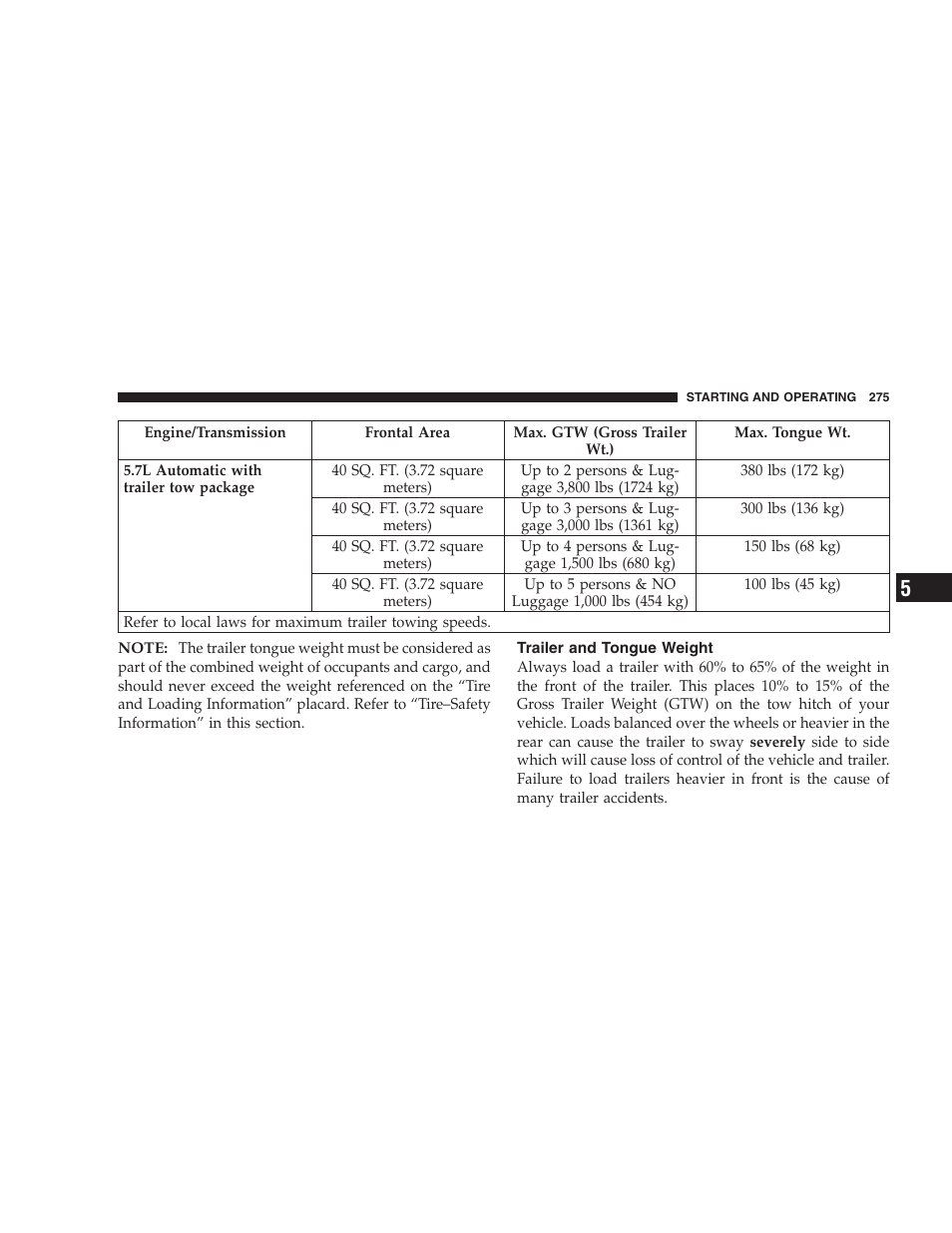 Trailer and tongue weight | Dodge 2007 Magnum User Manual | Page 275 / 400