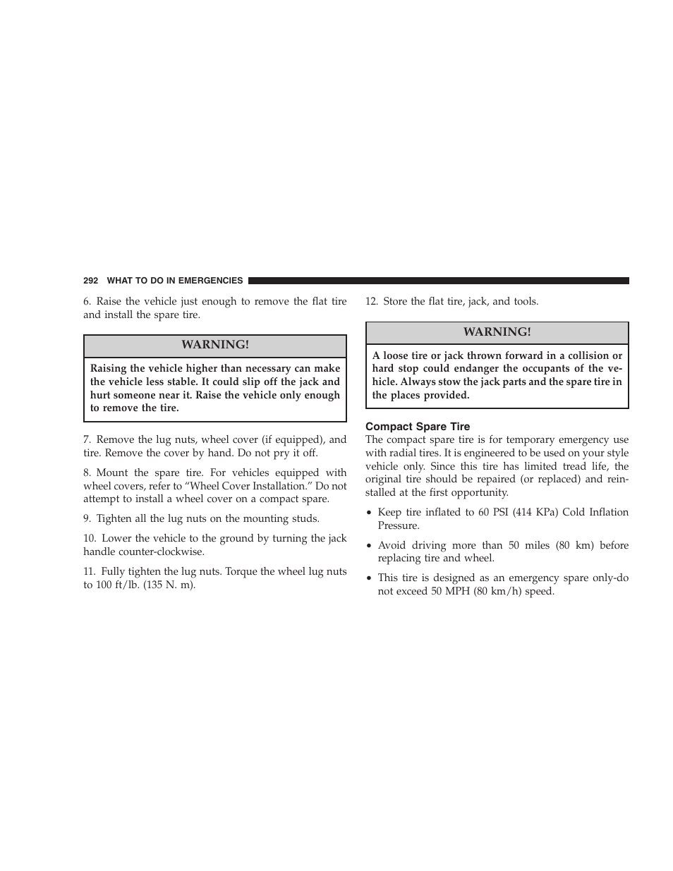 Compact spare tire | Dodge 2007 Magnum User Manual | Page 292 / 400