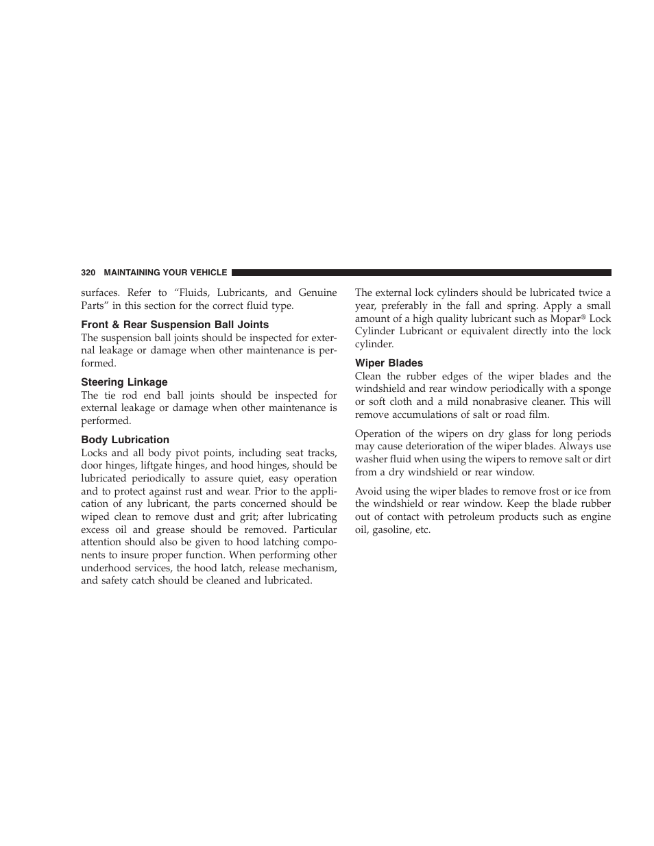 Front & rear suspension ball joints, Steering linkage, Body lubrication | Wiper blades | Dodge 2007 Magnum User Manual | Page 320 / 400