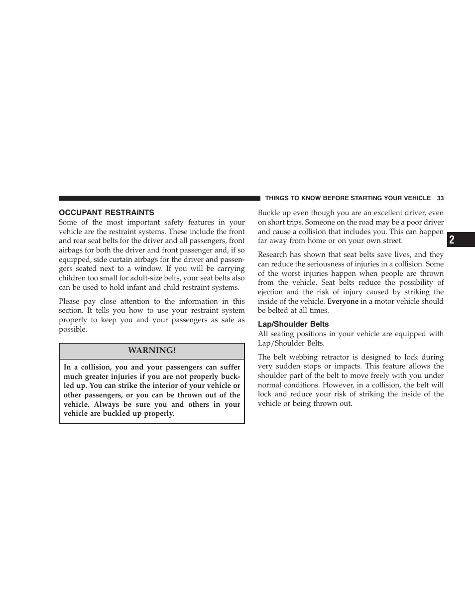 Occupant restraints, Lap/shoulder belts | Dodge 2007 Magnum User Manual | Page 33 / 400