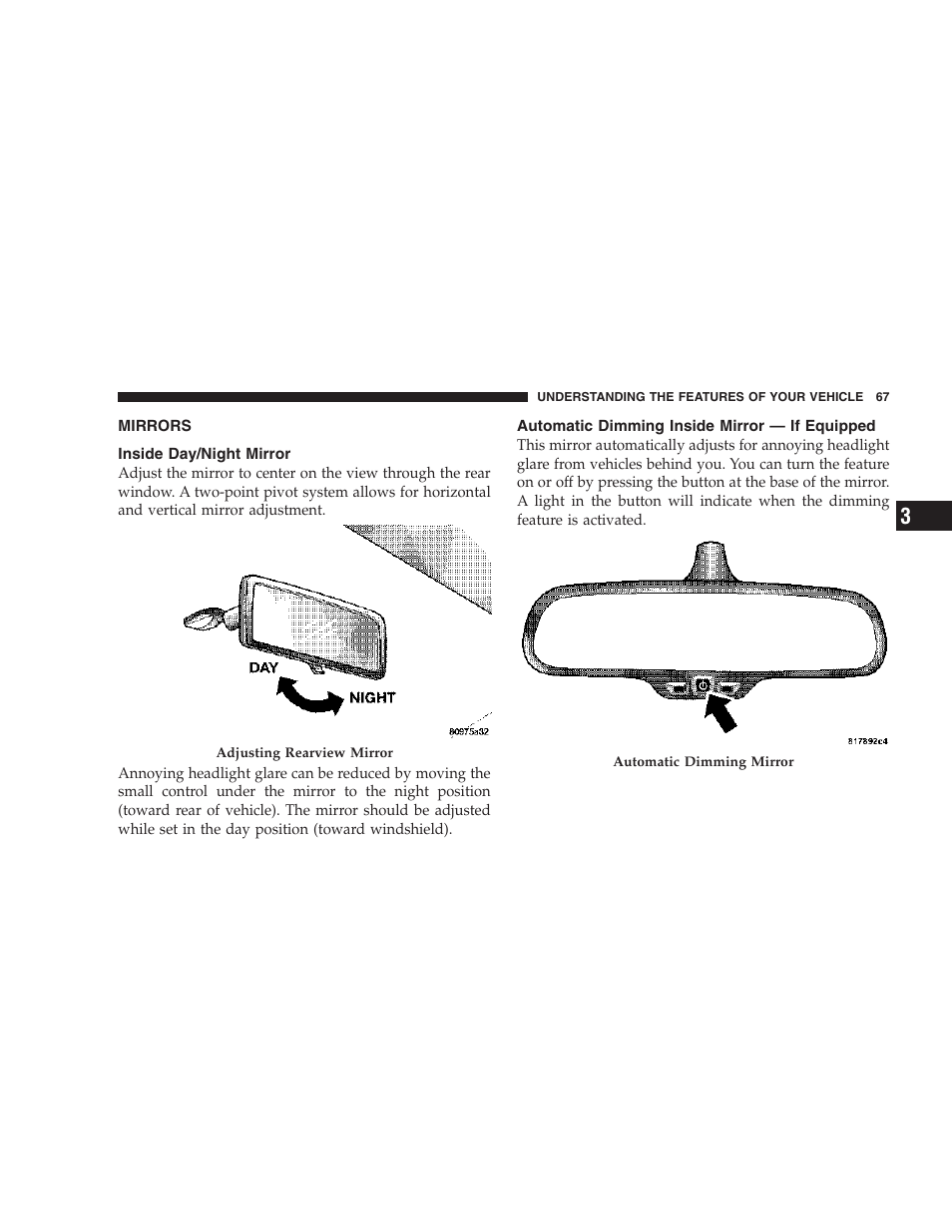 Mirrors, Inside day/night mirror, Automatic dimming inside mirror — if | Equipped | Dodge 2007 Magnum User Manual | Page 67 / 400