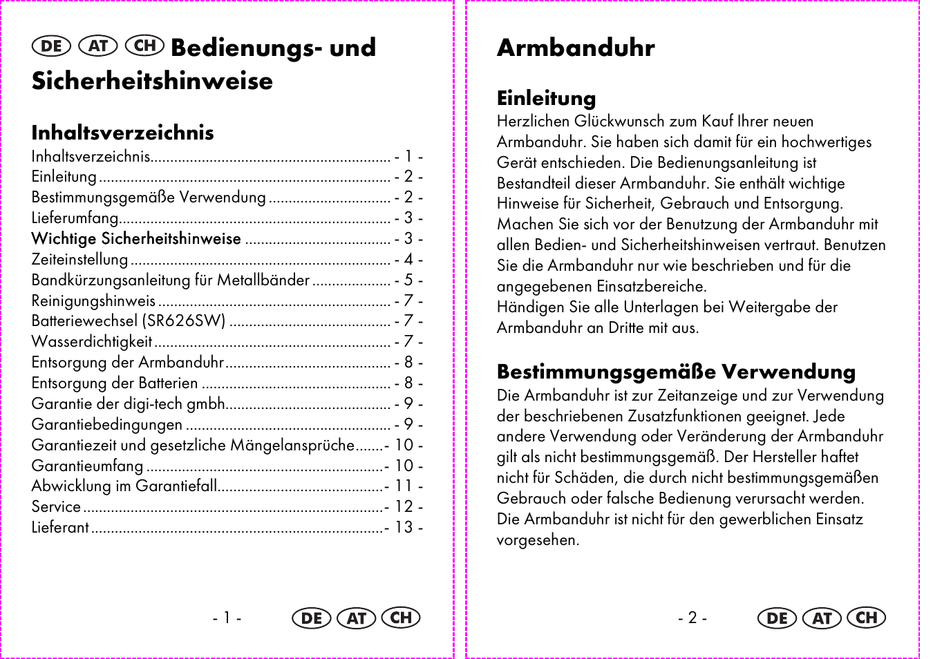 Bedienungs- und sicherheitshinweise, Armbanduhr | Auriol 2-LD3935 User Manual | Page 2 / 26