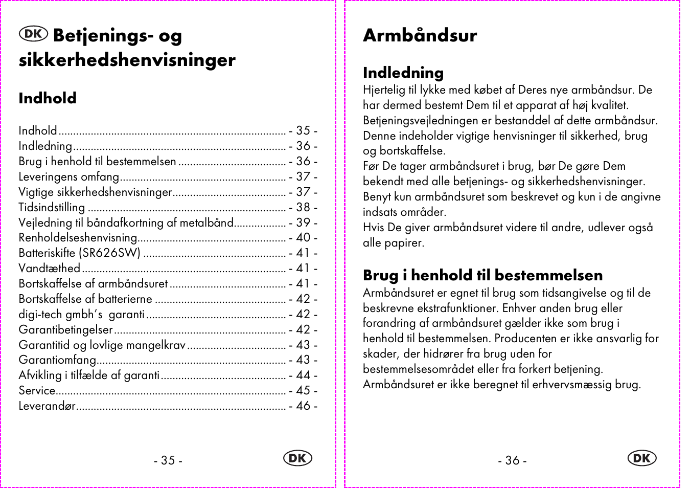 Betjenings- og sikkerhedshenvisninger, Armbåndsur | Auriol 2-LD3935 User Manual | Page 19 / 44