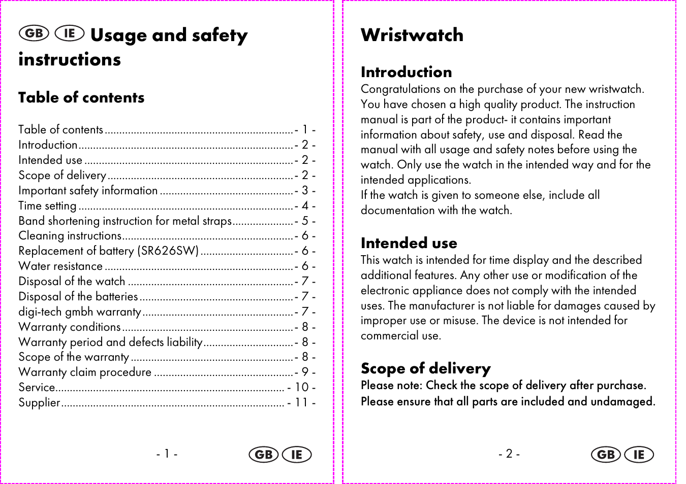 Usage and safety instructions, Wristwatch | Auriol 2-LD3935 User Manual | Page 2 / 44