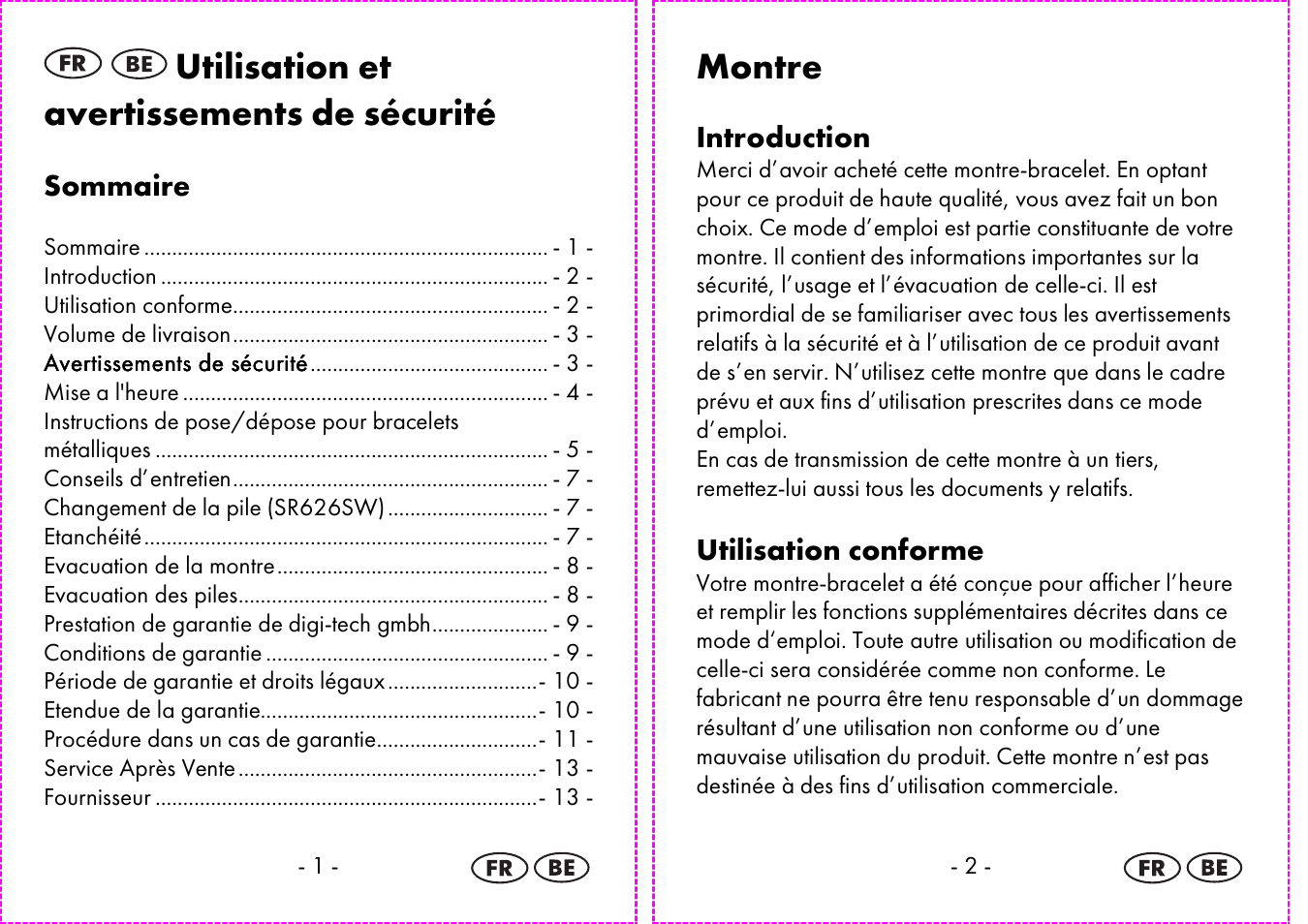 Utilisation et avertissements de sécurité, Montre | Auriol 2-LD3935 User Manual | Page 2 / 26