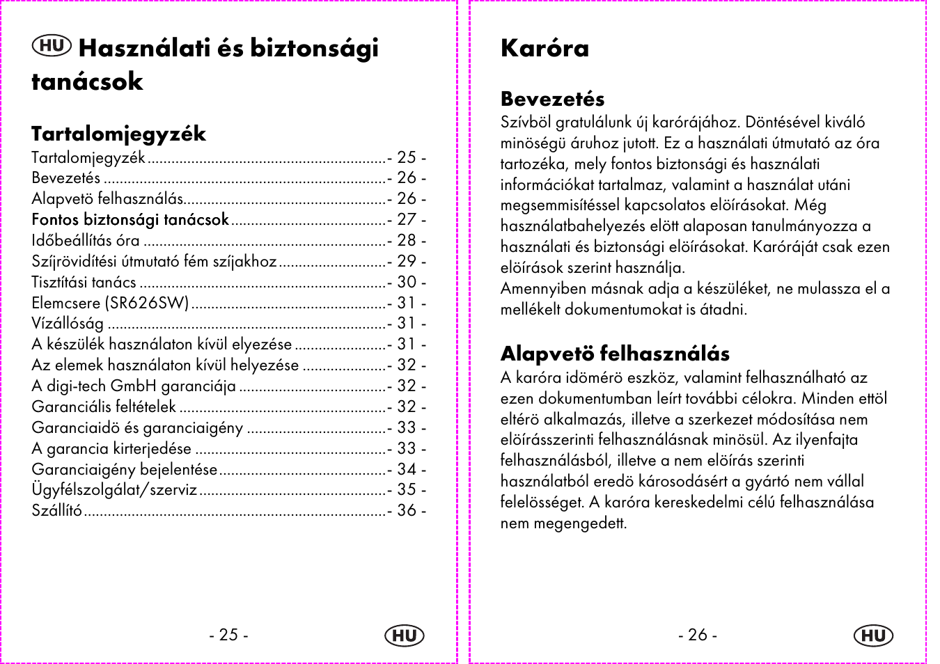 Használati és biztonsági tanácsok, Karóra | Auriol 2-LD3935 User Manual | Page 14 / 44