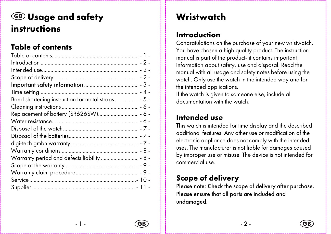 Usage and safety instructions, Wristwatch | Auriol 2-LD3935 User Manual | Page 2 / 44