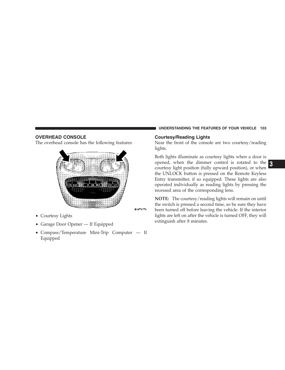 Overhead console, Courtesy/reading lights | Dodge 2007 Dakota User Manual | Page 103 / 400