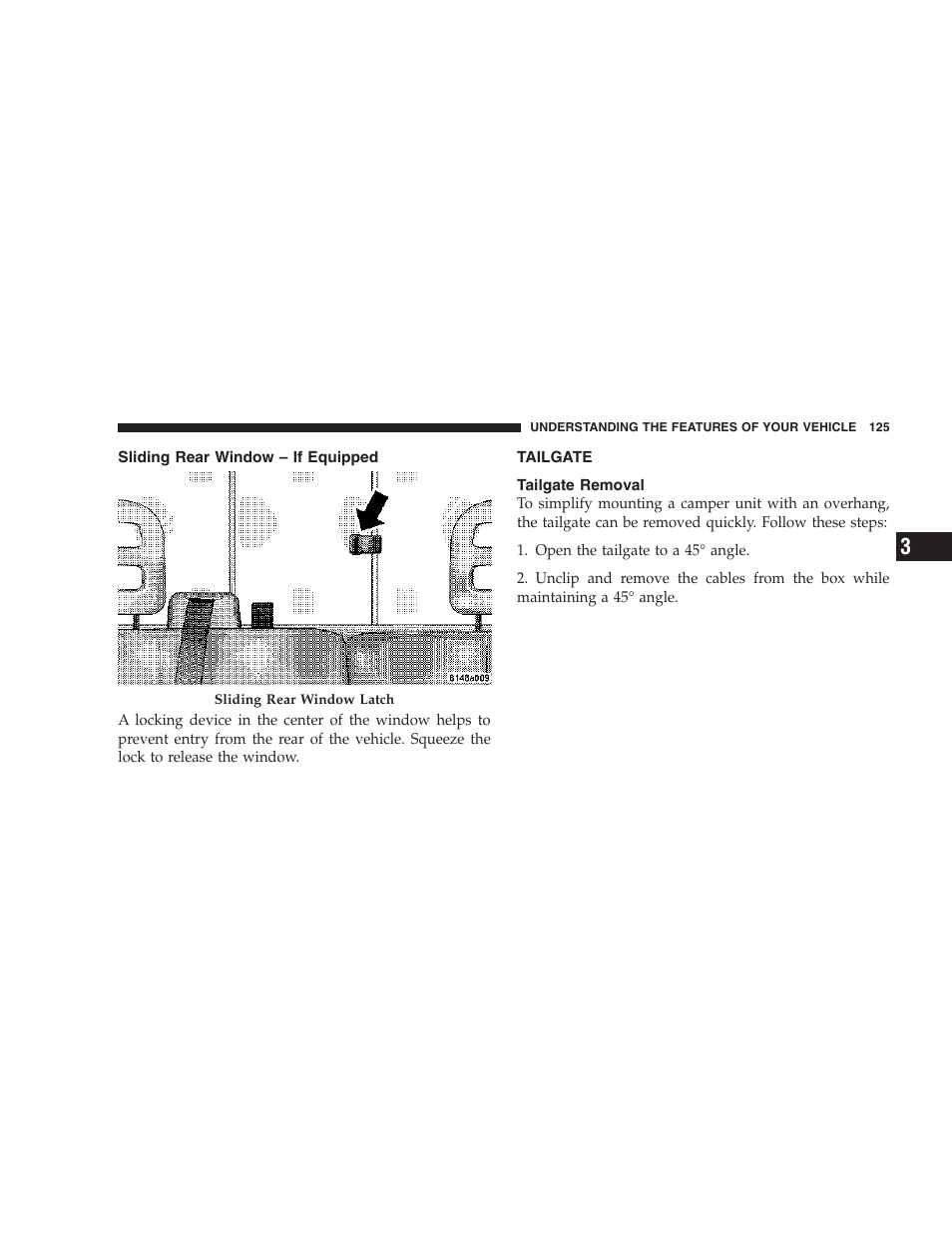 Sliding rear window – if equipped, Tailgate, Tailgate removal | Dodge 2007 Dakota User Manual | Page 125 / 400