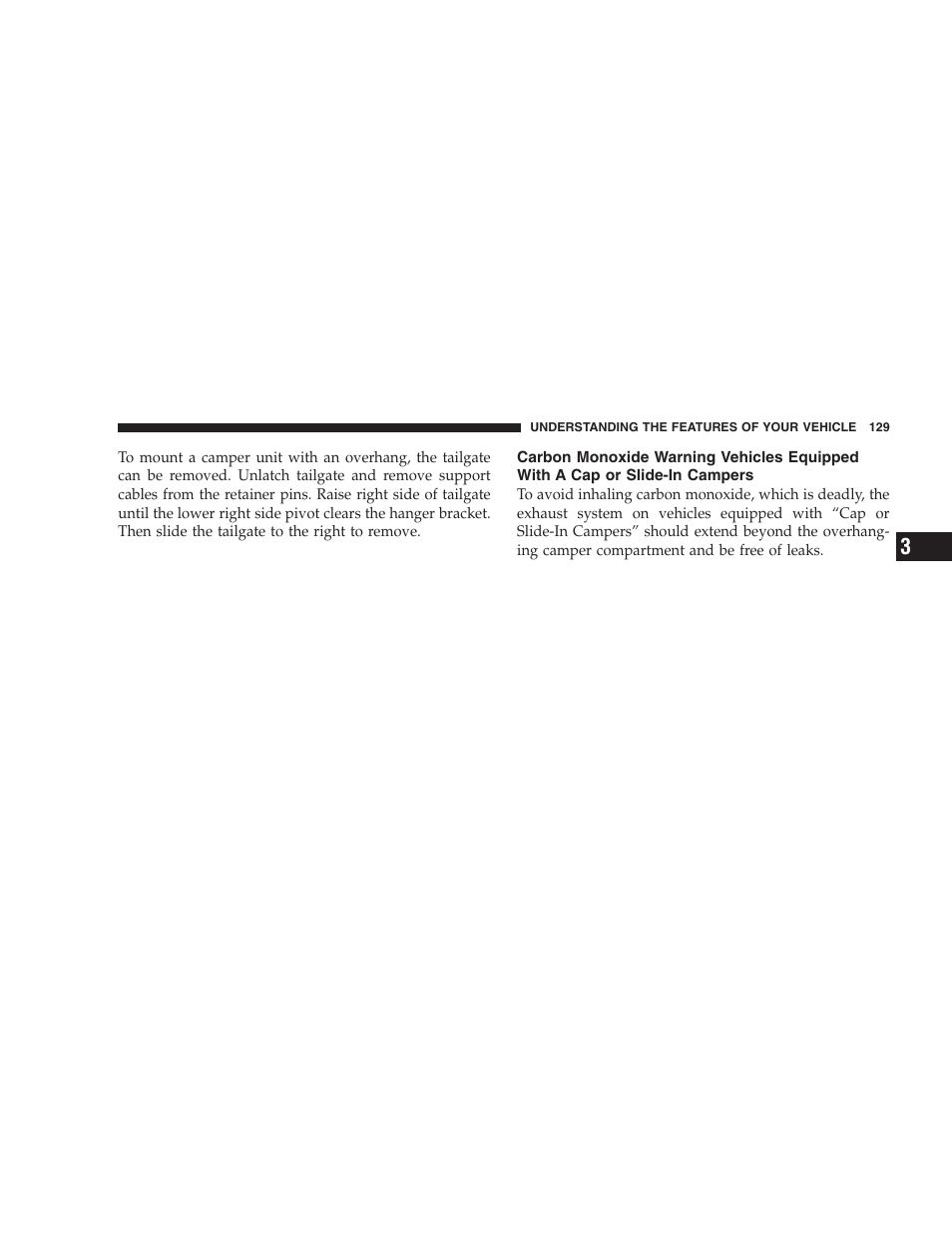 Carbon monoxide warning vehicles equipped, With a cap or slide-in campers | Dodge 2007 Dakota User Manual | Page 129 / 400