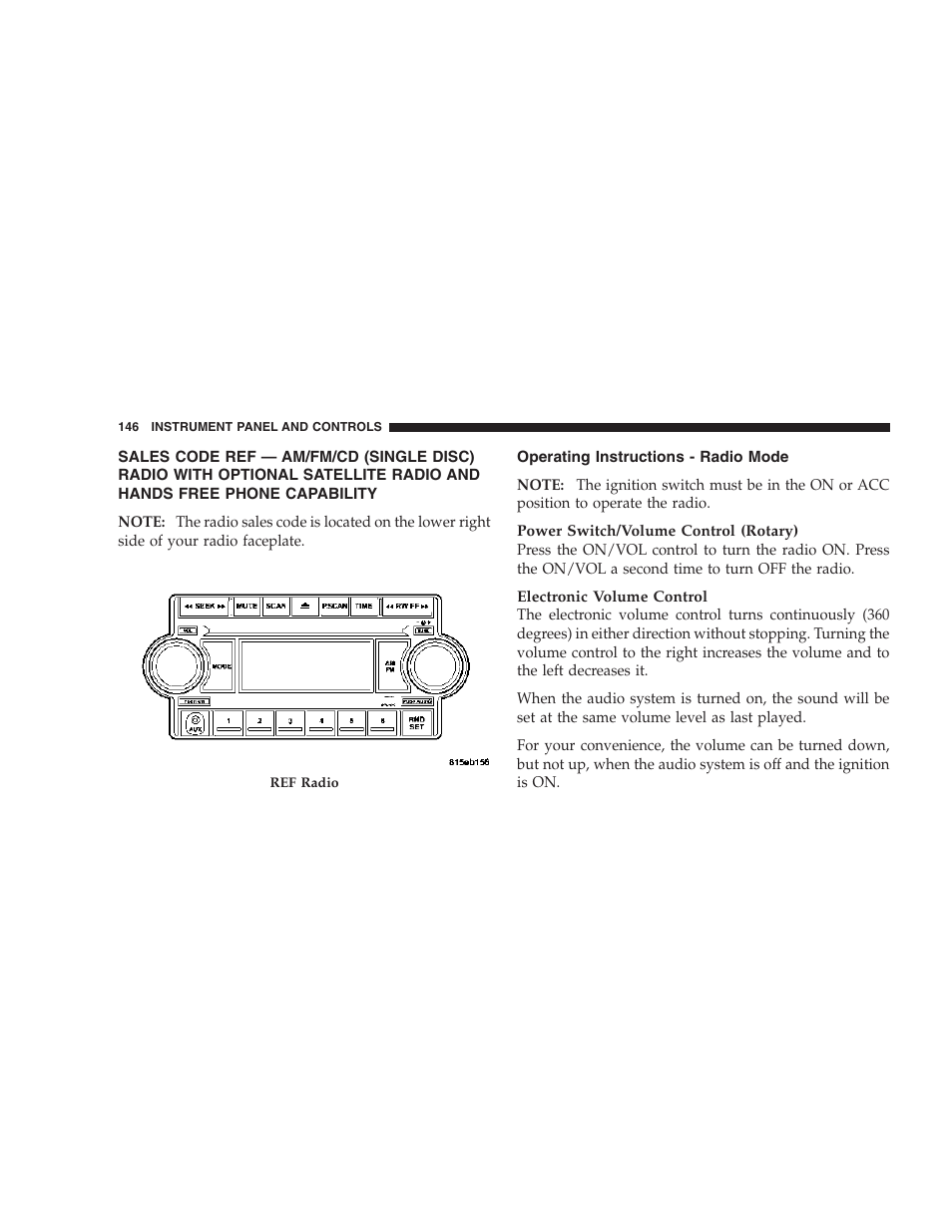 Sales code ref — am/fm/cd (single disc), Operating instructions - radio mode | Dodge 2007 Dakota User Manual | Page 146 / 400