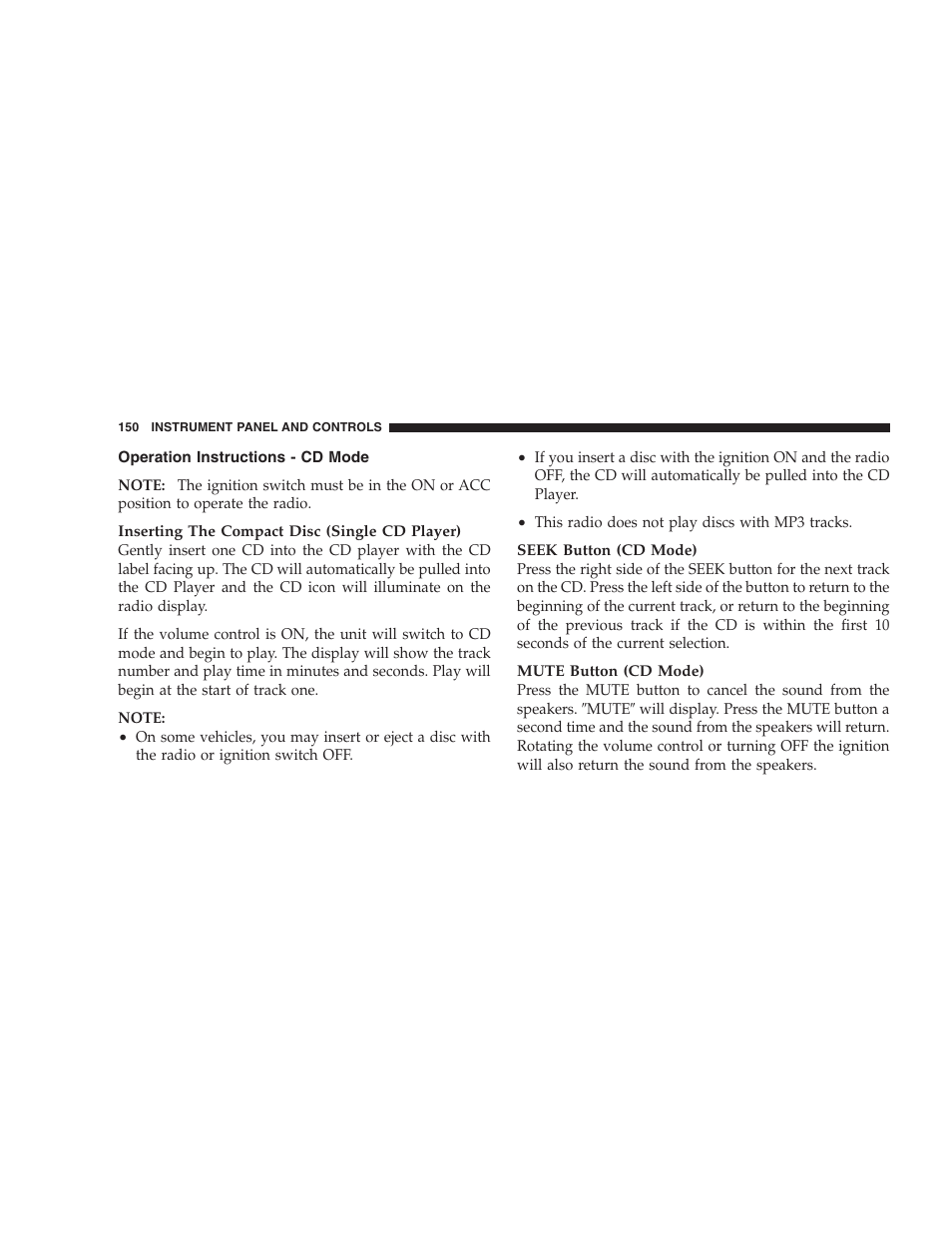 Operation instructions - cd mode | Dodge 2007 Dakota User Manual | Page 150 / 400