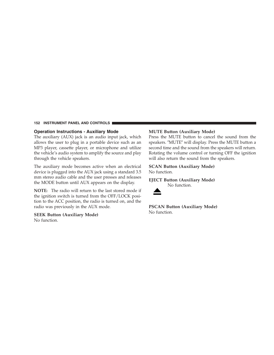 Operation instructions - auxiliary mode | Dodge 2007 Dakota User Manual | Page 152 / 400