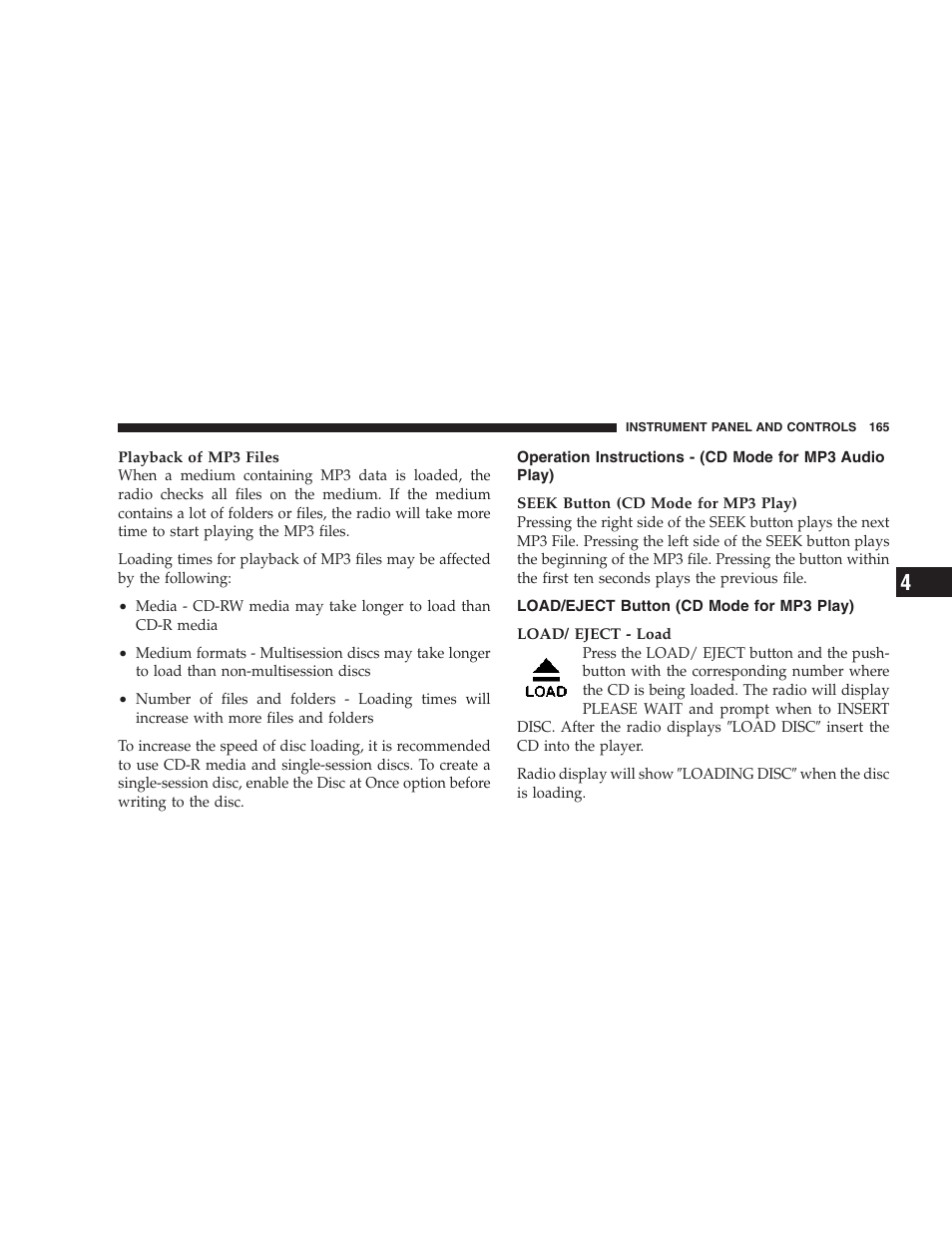 Operation instructions - (cd mode for mp3, Audio play), Load/eject button (cd mode for mp3 play) | Dodge 2007 Dakota User Manual | Page 165 / 400