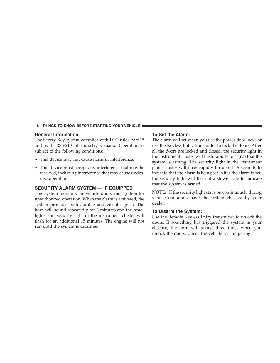 General information, Security alarm system — if equipped, To set the alarm | To disarm the system | Dodge 2007 Dakota User Manual | Page 18 / 400