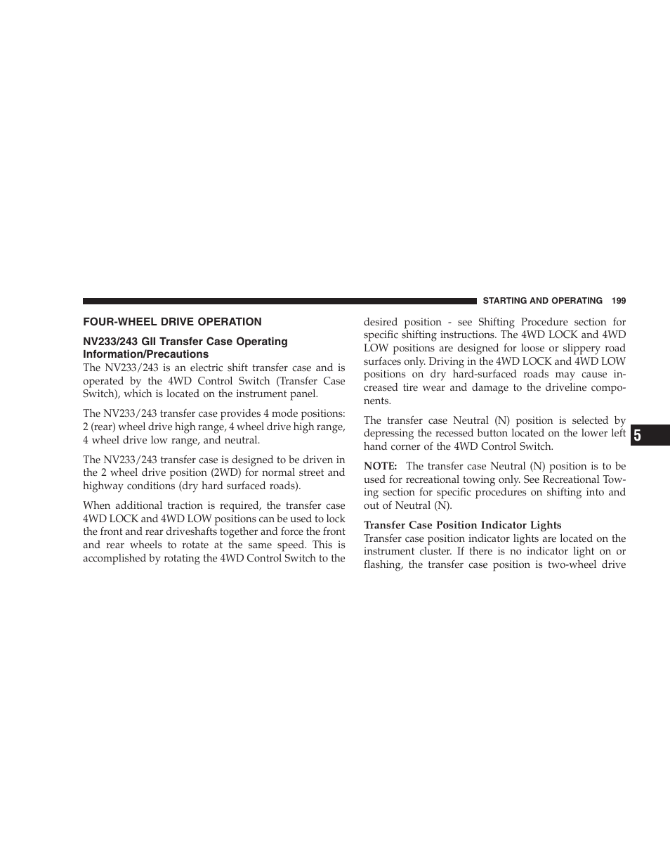 Four-wheel drive operation, Nv233/243 gii transfer case operating, Information/precautions | Dodge 2007 Dakota User Manual | Page 199 / 400