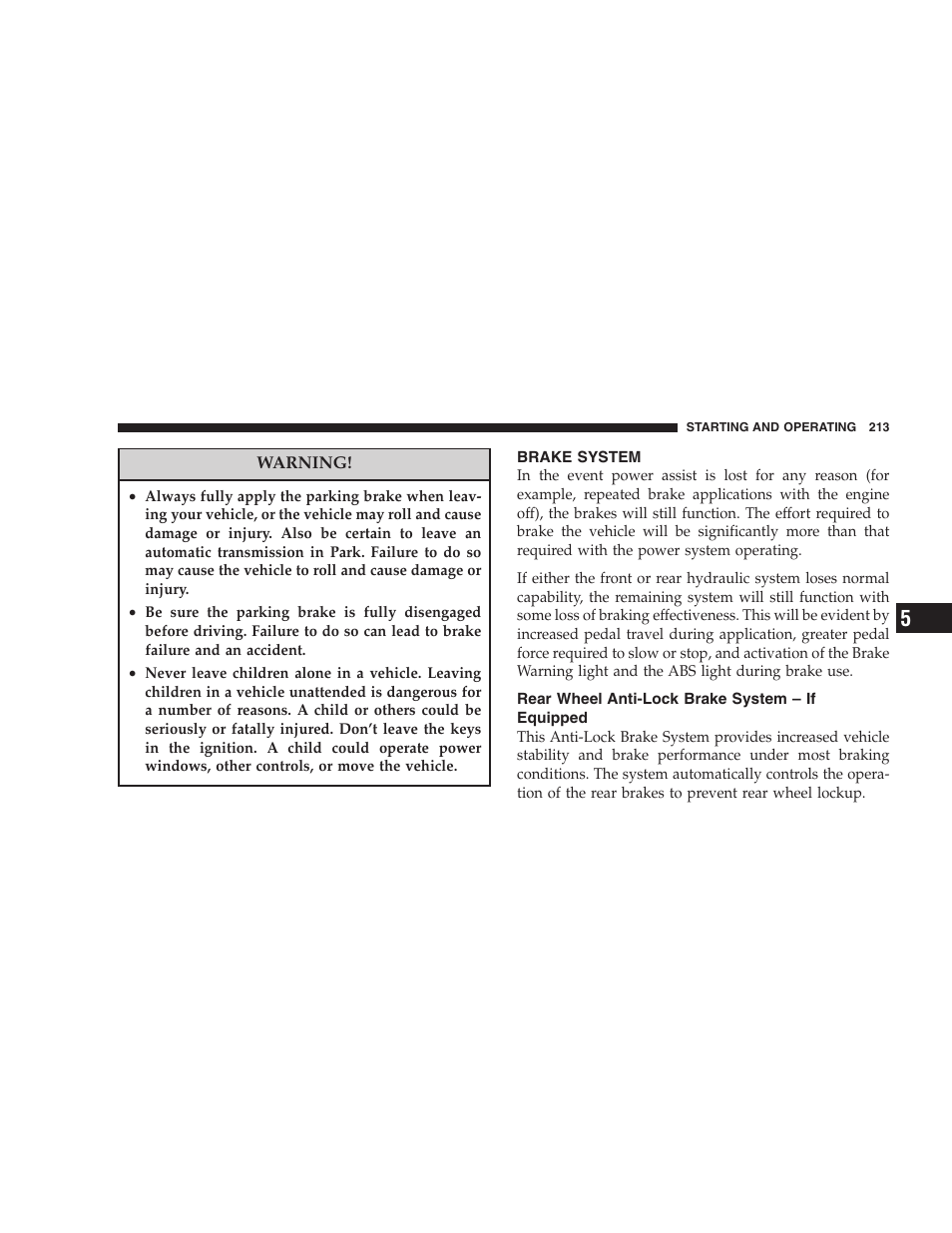 Brake system, Rear wheel anti-lock brake system, If equipped | Dodge 2007 Dakota User Manual | Page 213 / 400