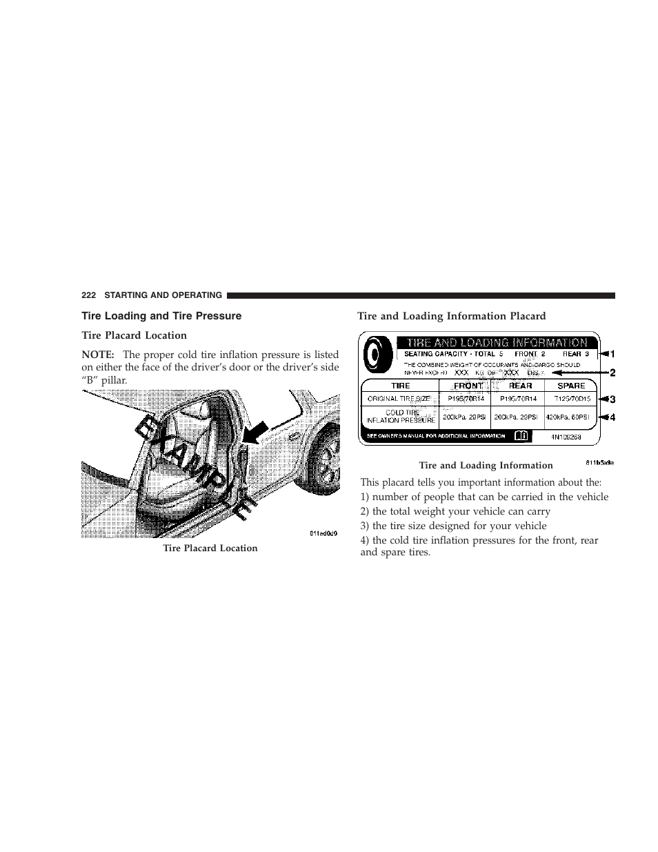 Tire loading and tire pressure | Dodge 2007 Dakota User Manual | Page 222 / 400