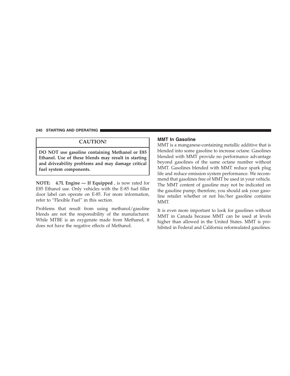 Mmt in gasoline | Dodge 2007 Dakota User Manual | Page 240 / 400