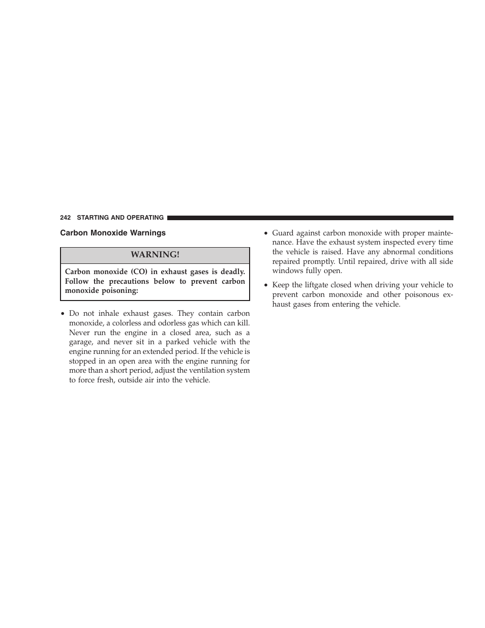 Carbon monoxide warnings | Dodge 2007 Dakota User Manual | Page 242 / 400