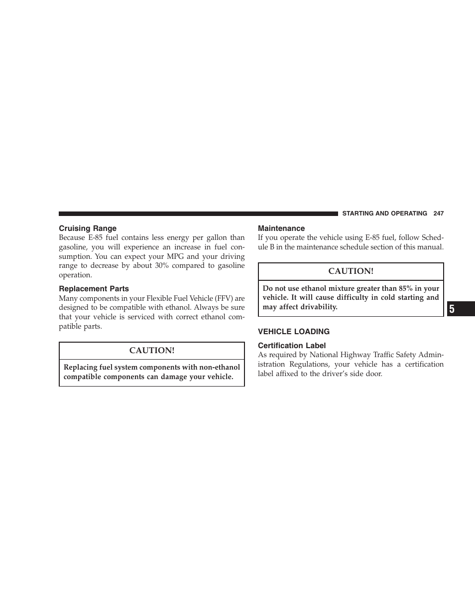 Cruising range, Replacement parts, Maintenance | Vehicle loading, Certification label | Dodge 2007 Dakota User Manual | Page 247 / 400