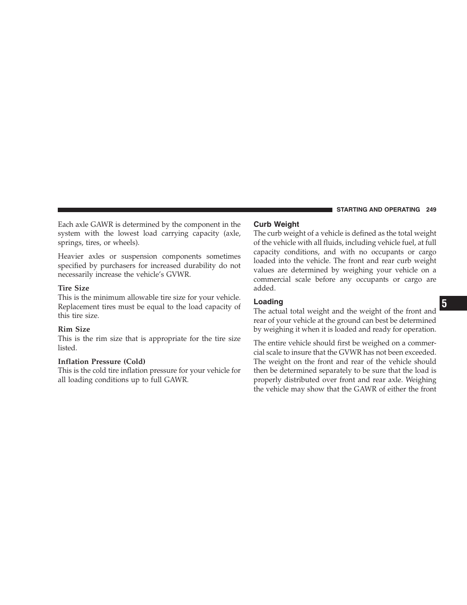 Curb weight, Loading | Dodge 2007 Dakota User Manual | Page 249 / 400