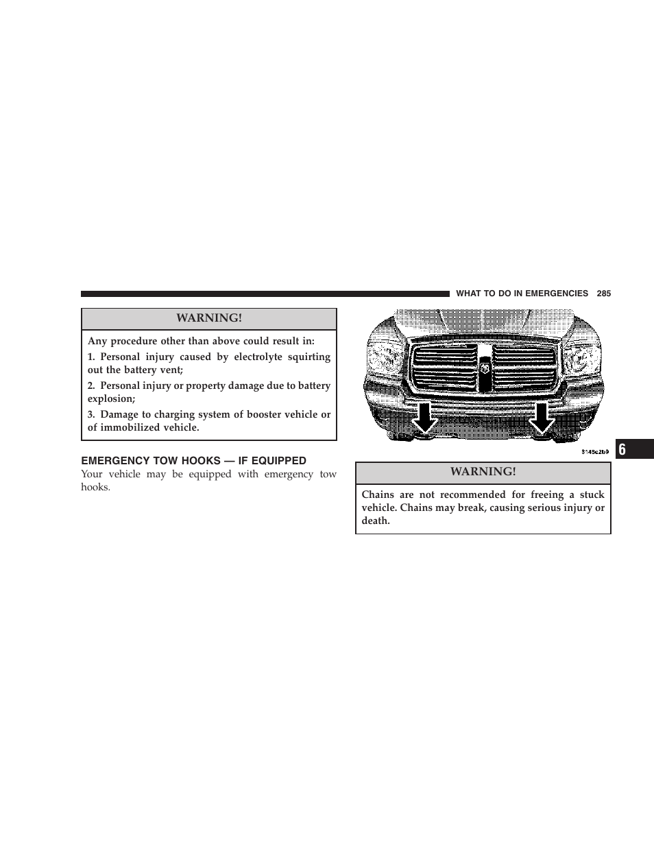 Emergency tow hooks — if equipped | Dodge 2007 Dakota User Manual | Page 285 / 400