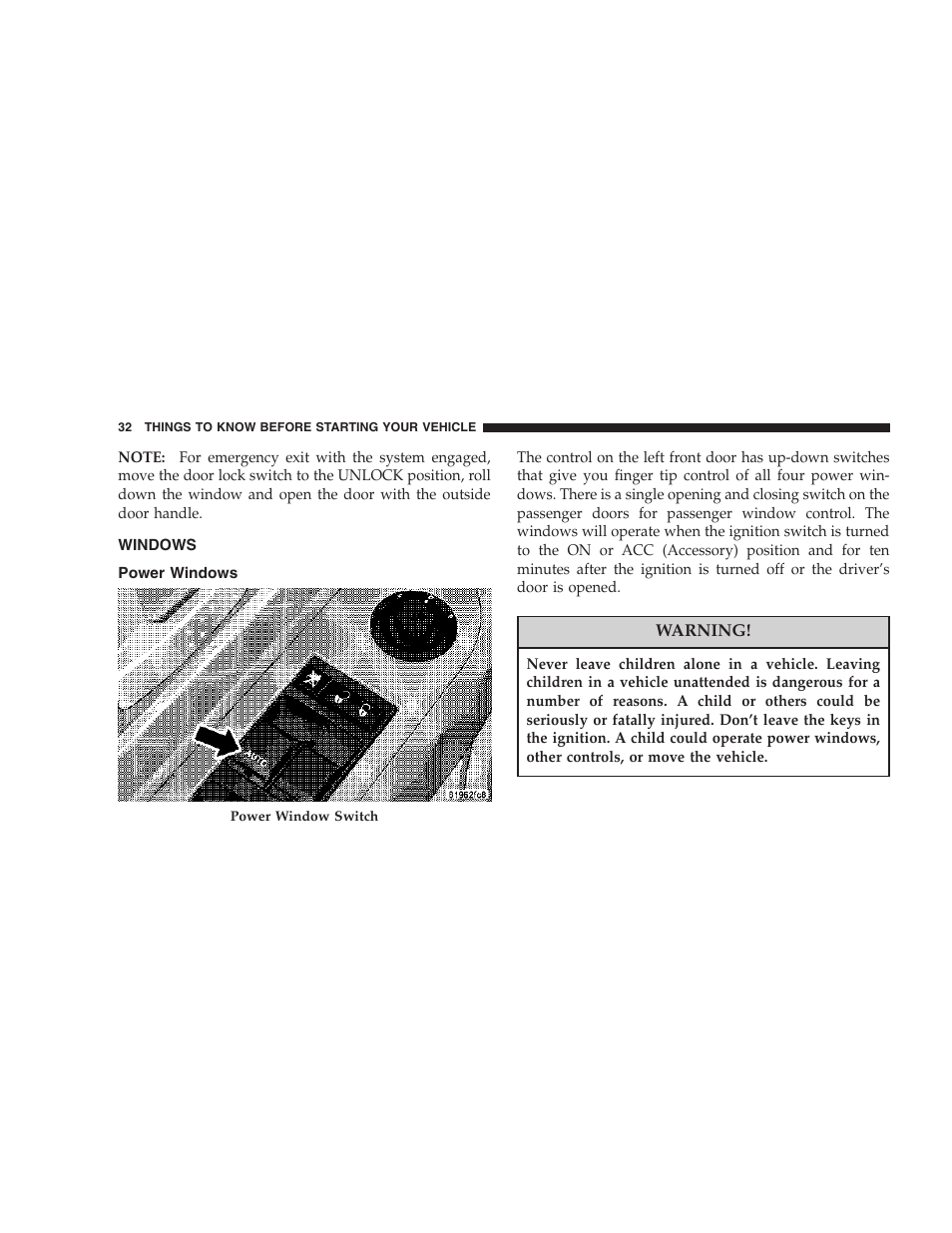 Windows, Power windows | Dodge 2007 Dakota User Manual | Page 32 / 400