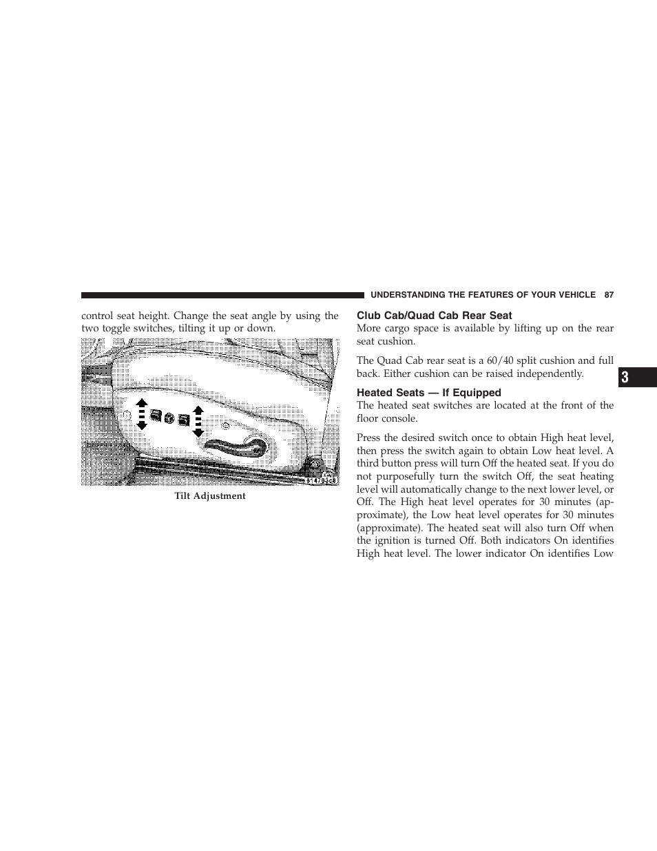 Club cab/quad cab rear seat, Heated seats — if equipped | Dodge 2007 Dakota User Manual | Page 87 / 400