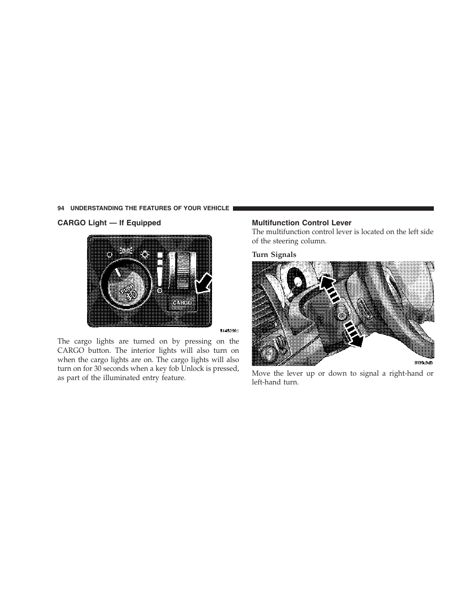 Cargo light — if equipped, Multifunction control lever | Dodge 2007 Dakota User Manual | Page 94 / 400