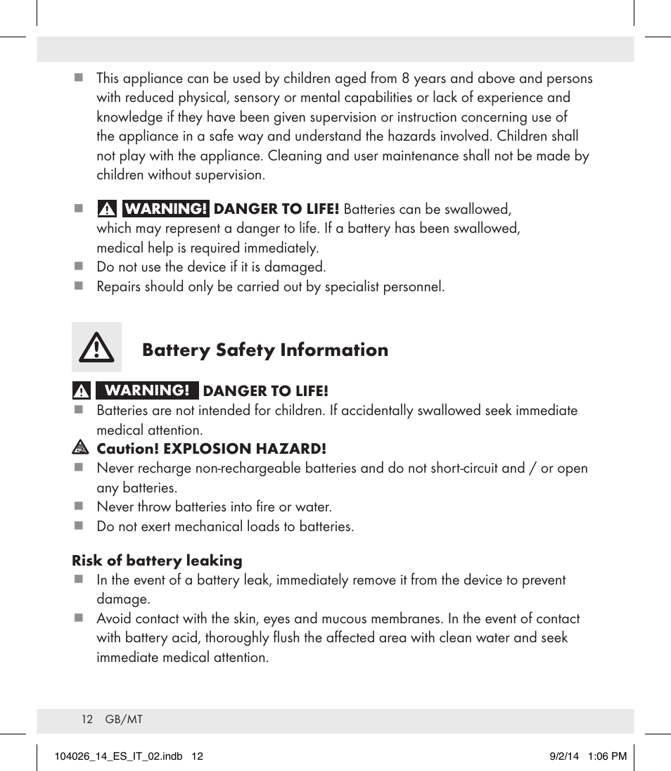 Battery safety information | Auriol 104026-14-xx User Manual | Page 12 / 16