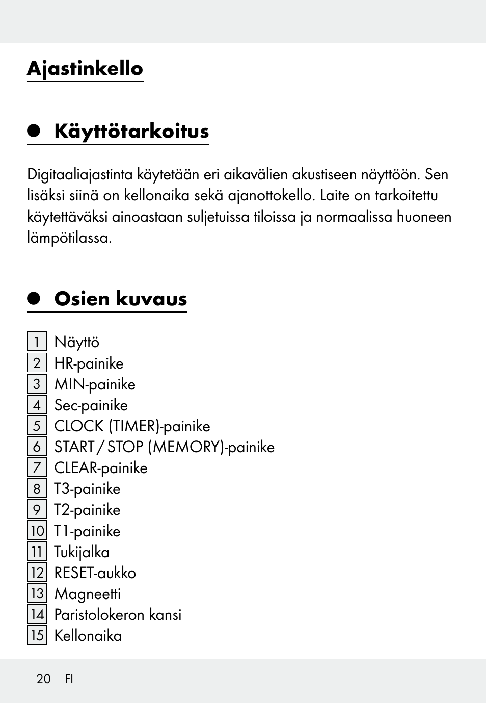 Ajastinkello, Käyttötarkoitus, Osien kuvaus | Auriol Z31793 User Manual | Page 20 / 98