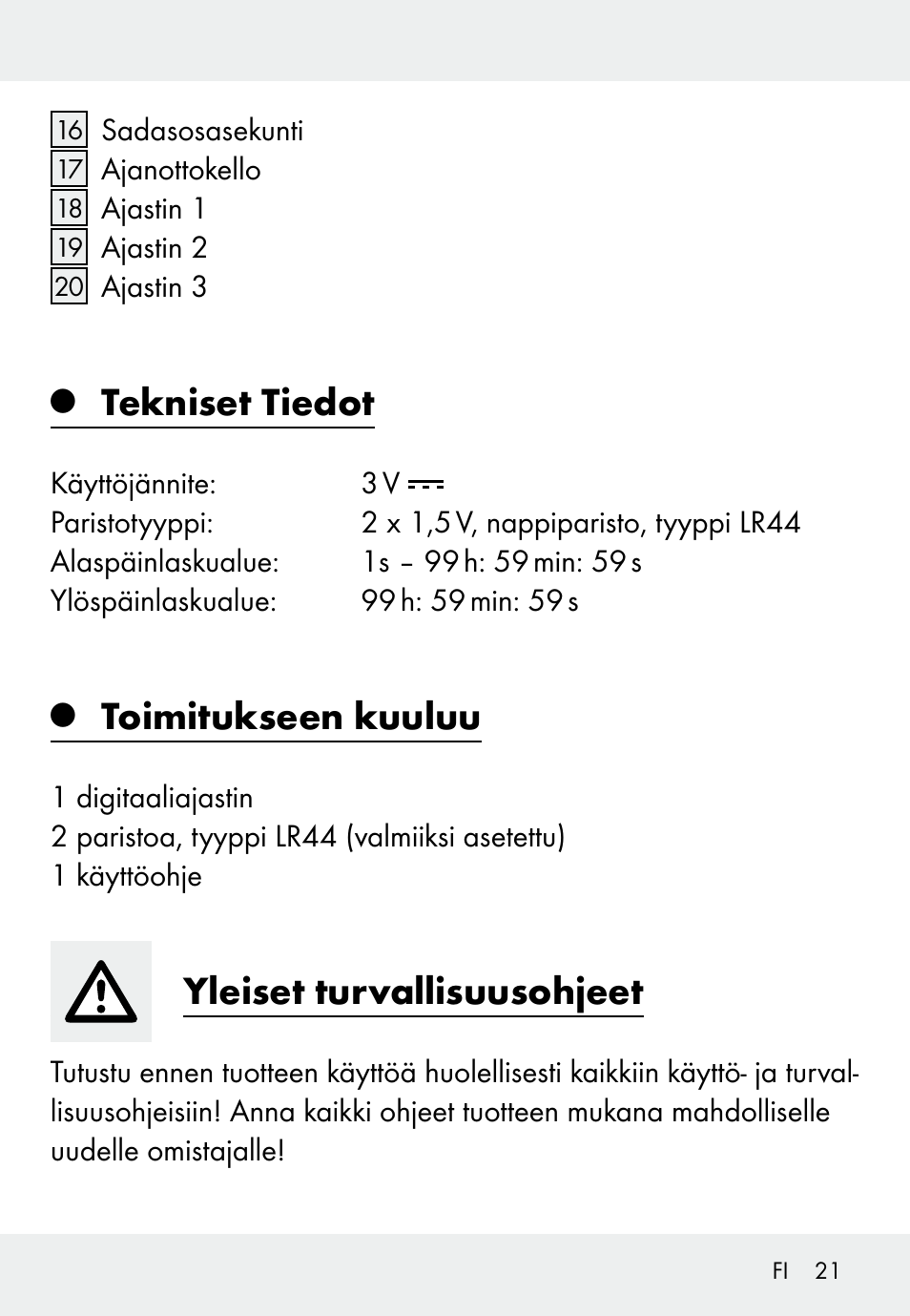 Tekniset tiedot, Toimitukseen kuuluu, Yleiset turvallisuusohjeet | Auriol Z31793 User Manual | Page 21 / 98
