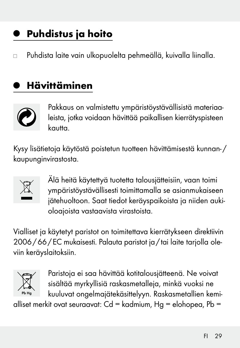 Puhdistus ja hoito, Hävittäminen | Auriol Z31793 User Manual | Page 29 / 98