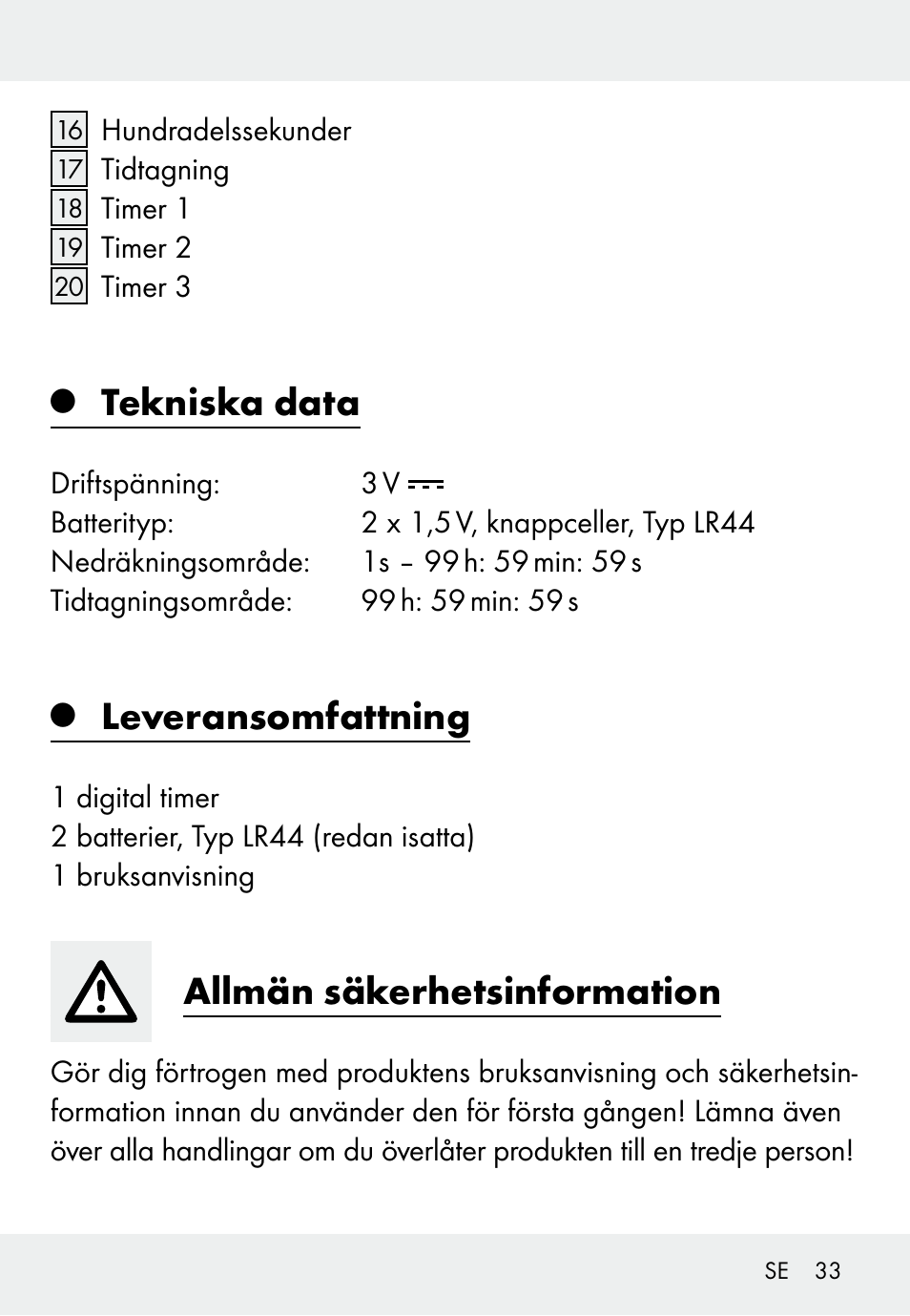 Tekniska data, Leveransomfattning, Allmän säkerhetsinformation | Auriol Z31793 User Manual | Page 33 / 98