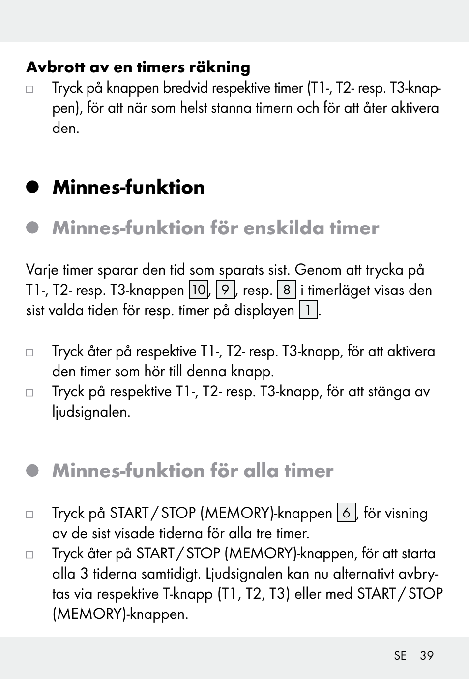 Minnes-funktion minnes-funktion för enskilda timer, Minnes-funktion för alla timer | Auriol Z31793 User Manual | Page 39 / 98