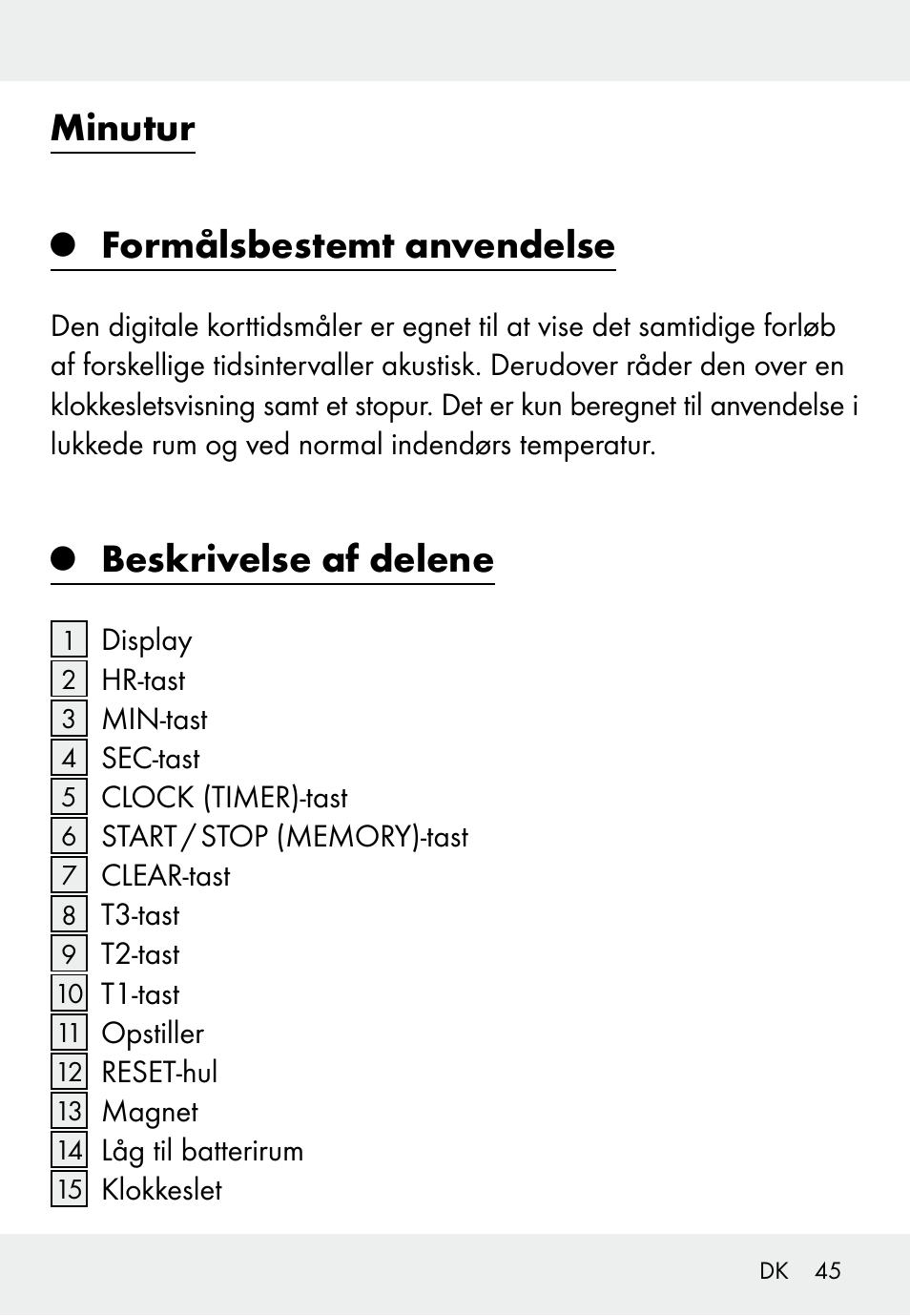 Minutur, Formålsbestemt anvendelse, Beskrivelse af delene | Auriol Z31793 User Manual | Page 45 / 98