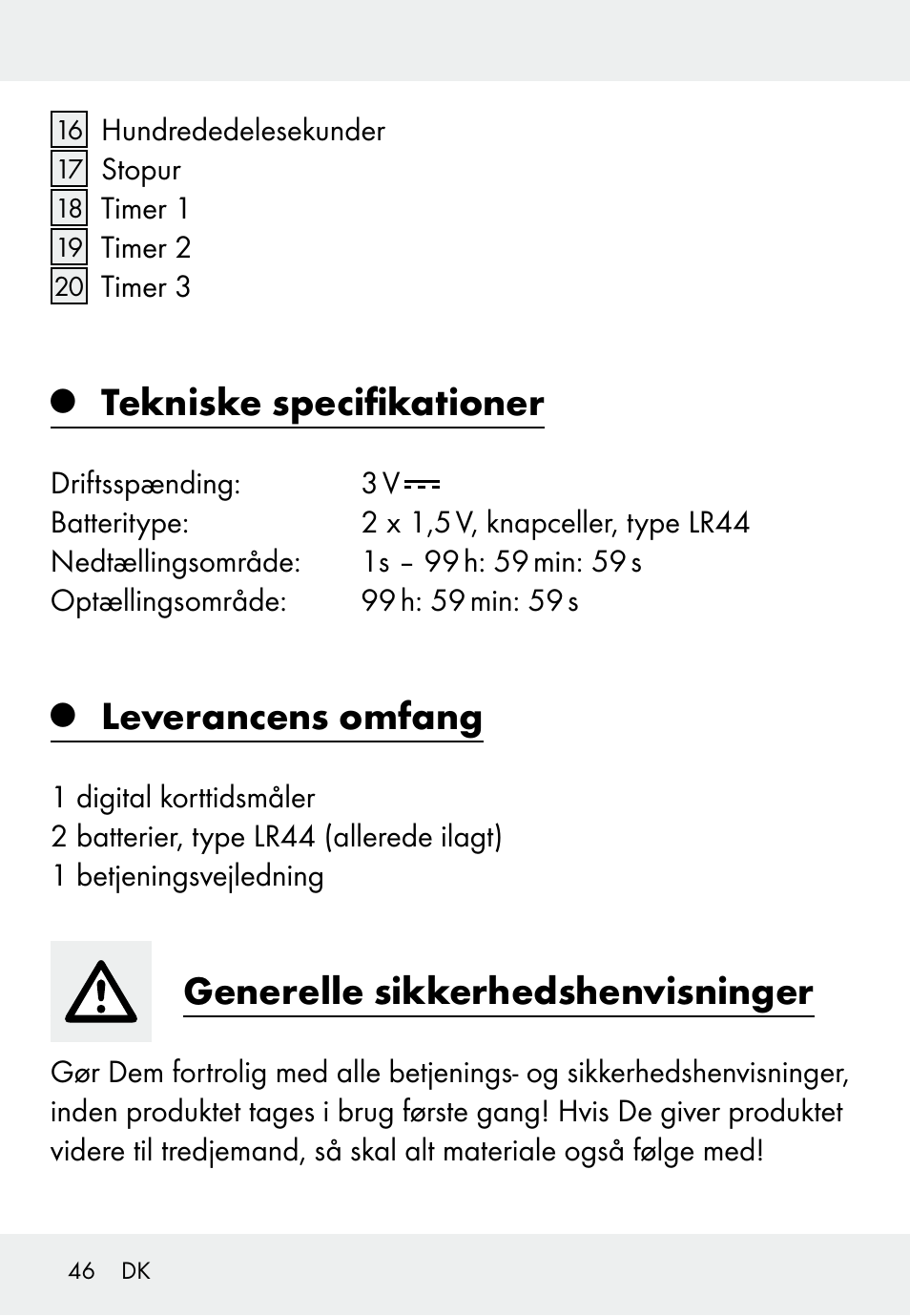 Tekniske specifikationer, Leverancens omfang, Generelle sikkerhedshenvisninger | Auriol Z31793 User Manual | Page 46 / 98