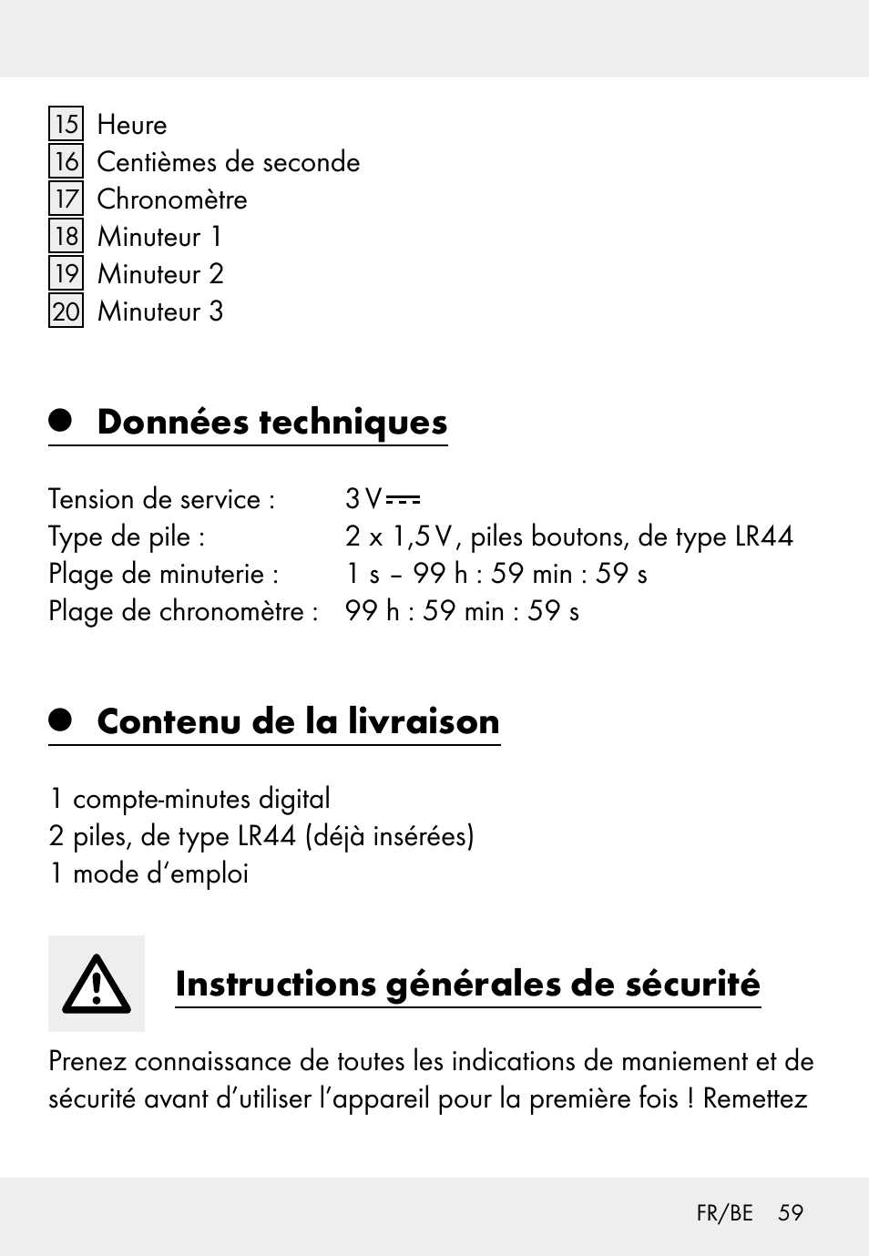 Données techniques, Contenu de la livraison, Instructions générales de sécurité | Auriol Z31793 User Manual | Page 59 / 98