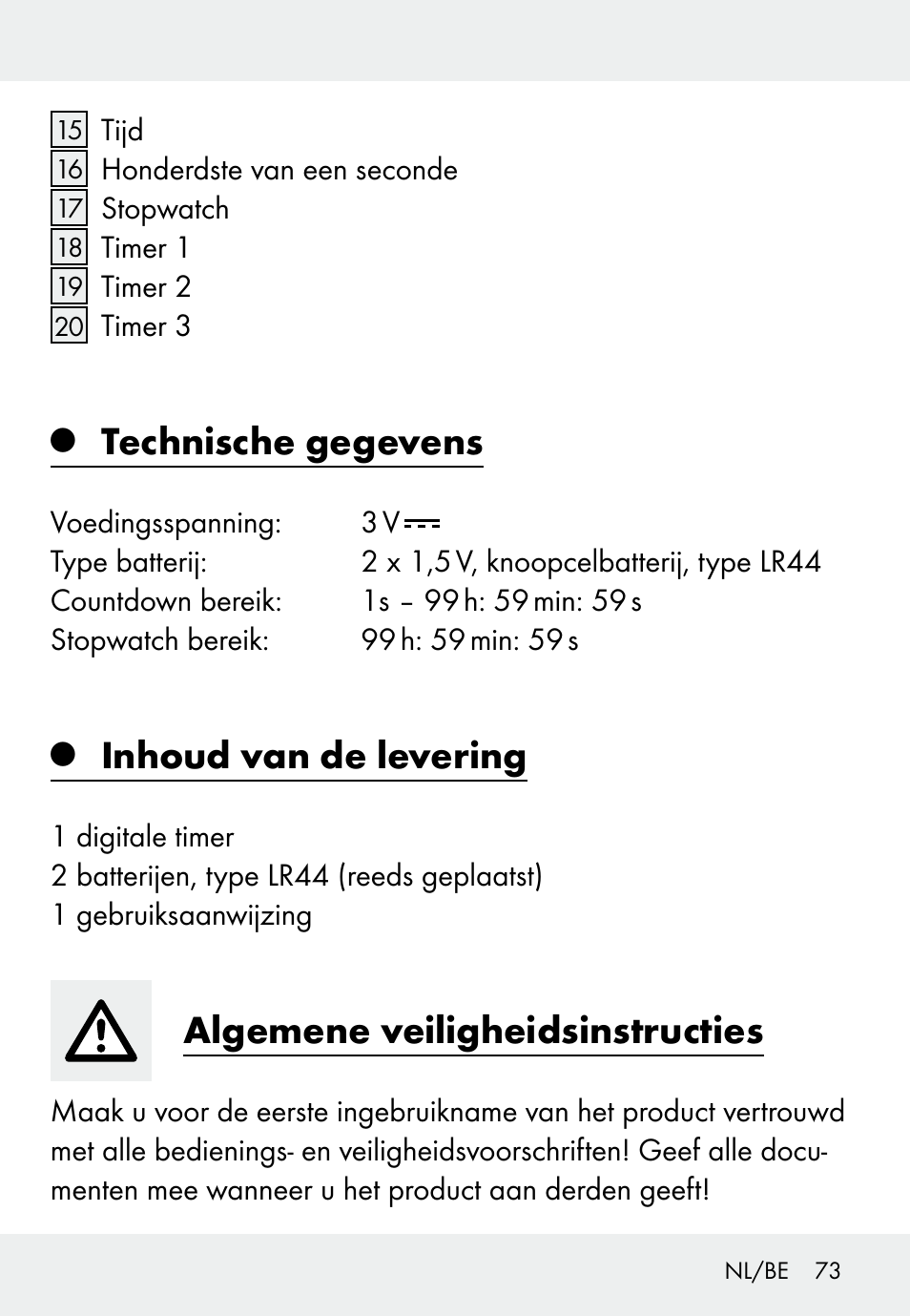 Technische gegevens, Inhoud van de levering, Algemene veiligheidsinstructies | Auriol Z31793 User Manual | Page 73 / 98