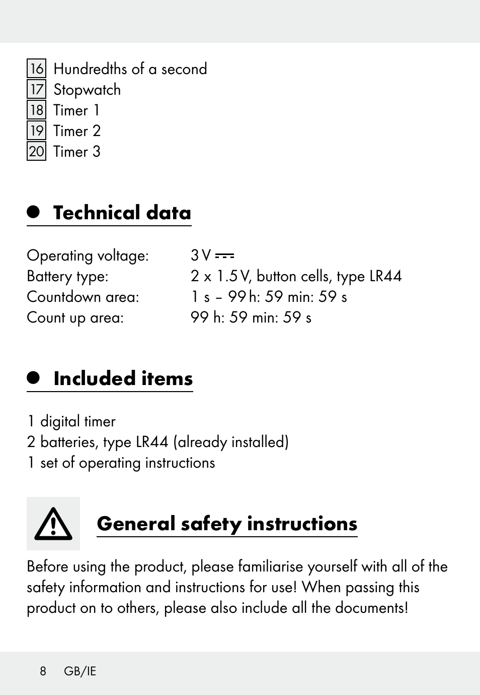 Technical data, Included items, General safety instructions | Auriol Z31793 User Manual | Page 8 / 98