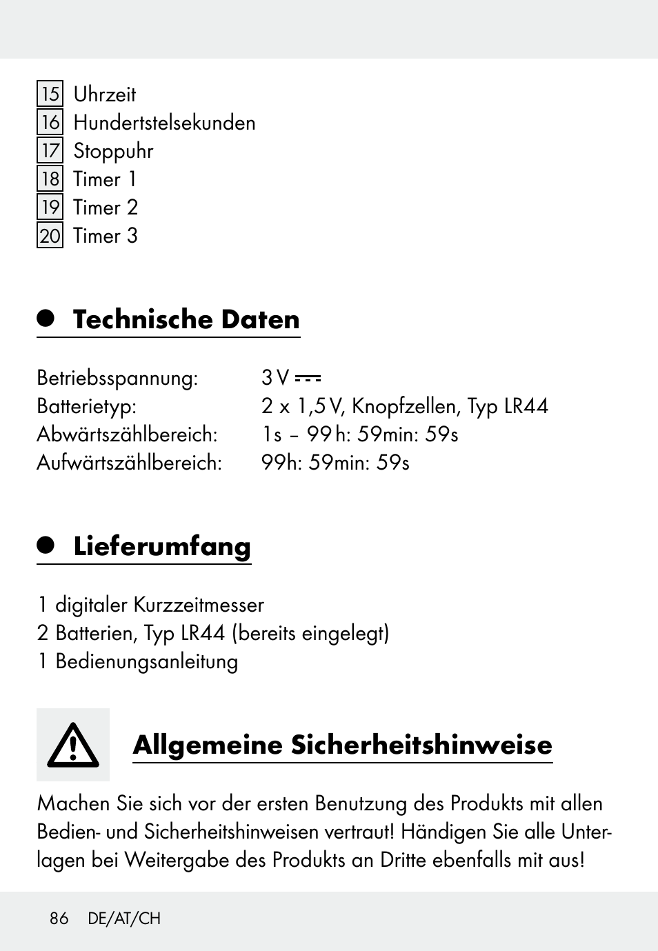 Technische daten, Lieferumfang, Allgemeine sicherheitshinweise | Auriol Z31793 User Manual | Page 86 / 98