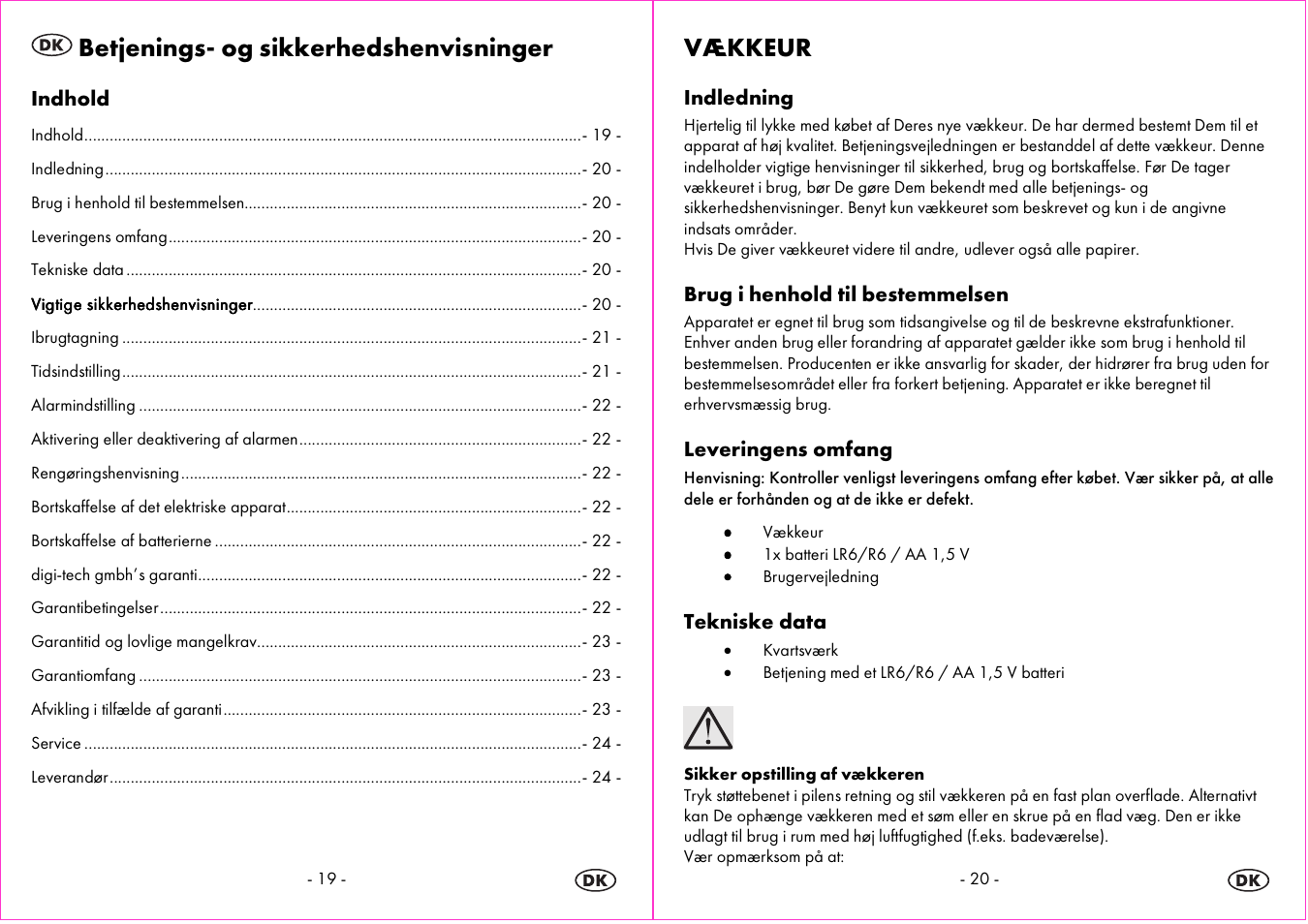 Betjenings- og sikkerhedshenvisninger, Vækkeur | Auriol 4-LD3865 User Manual | Page 11 / 24