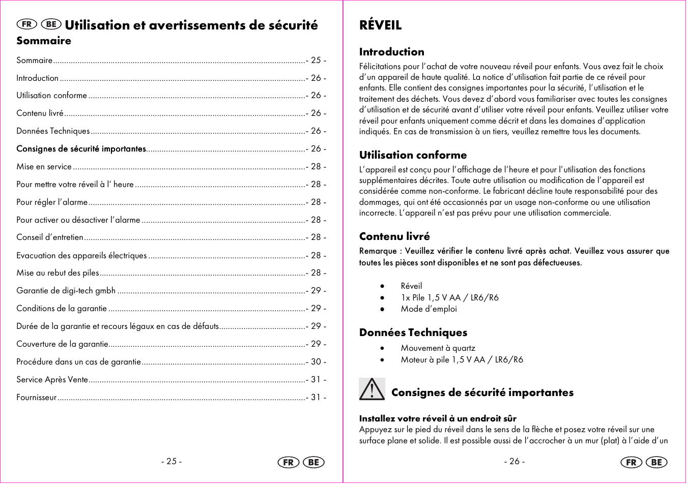 Utilisation et avertissements de sécurité, Réveil | Auriol 4-LD3865 User Manual | Page 14 / 24