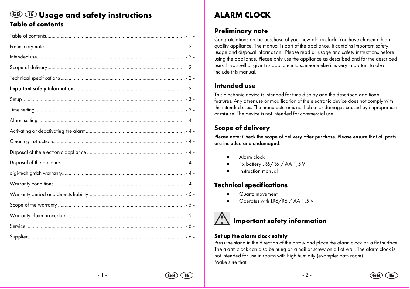 Usage and safety instructions, Alarm clock | Auriol 4-LD3865 User Manual | Page 2 / 24