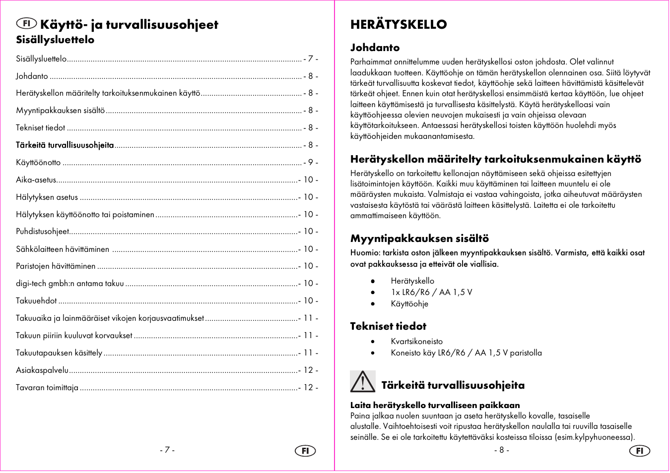 Käyttö- ja turvallisuusohjeet, Herätyskello | Auriol 4-LD3865 User Manual | Page 5 / 24