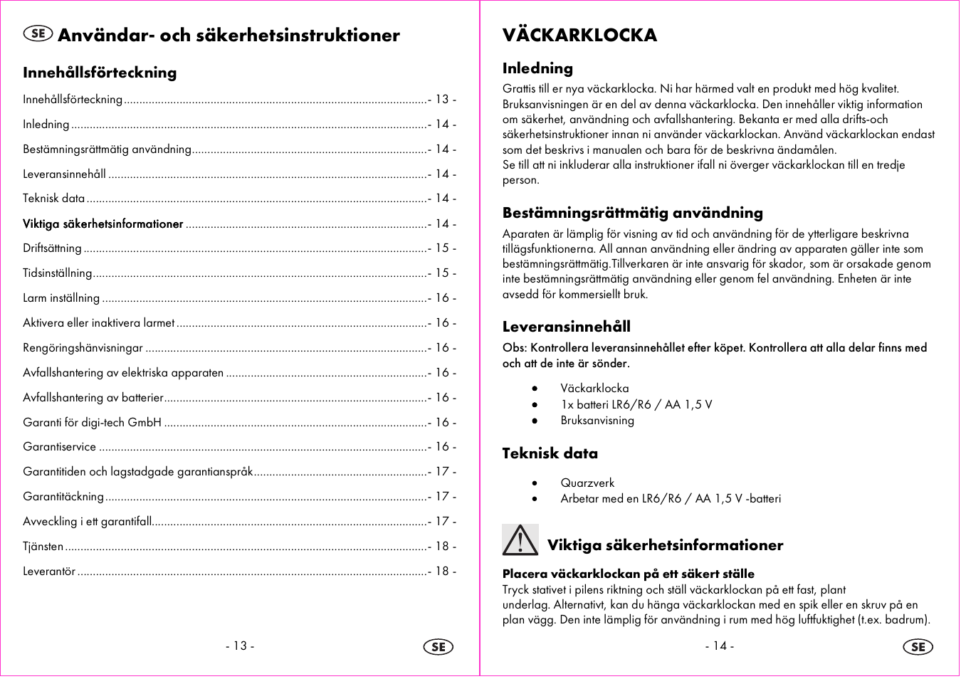 Användar- och säkerhetsinstruktioner, Väckarklocka | Auriol 4-LD3865 User Manual | Page 8 / 24