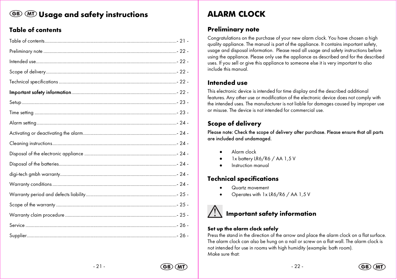 Usage and safety instructions, Alarm clock | Auriol 4-LD3865 User Manual | Page 12 / 18